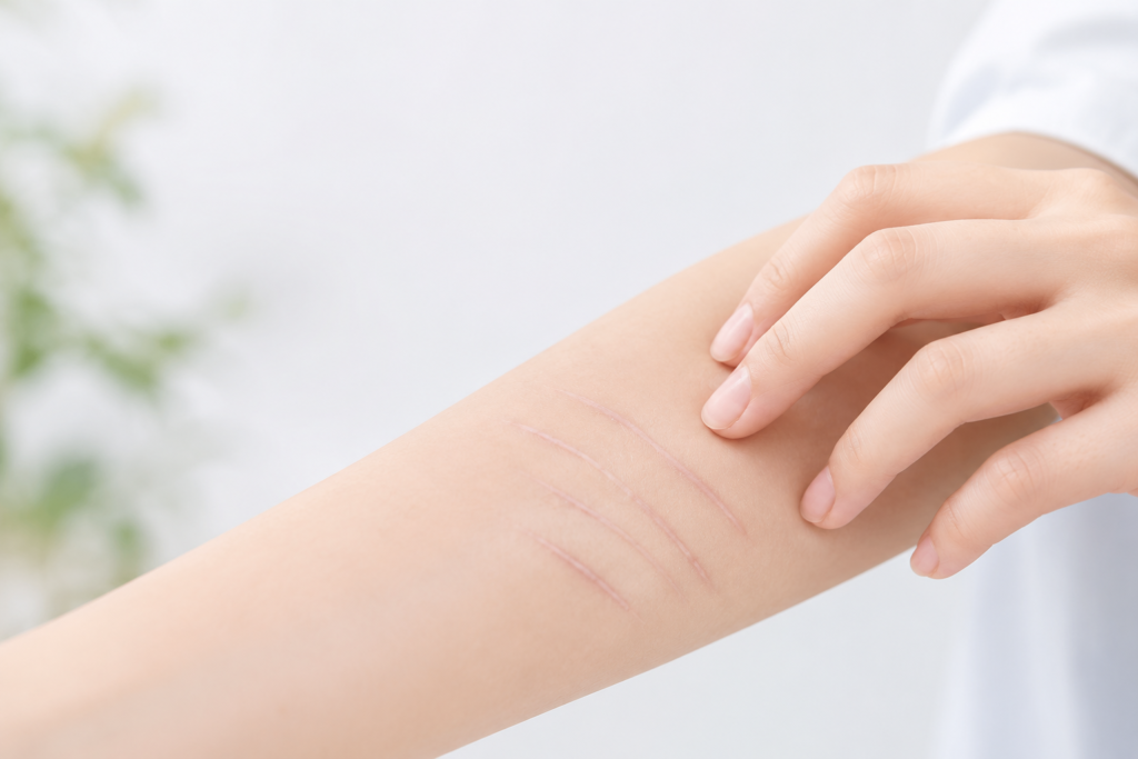 前腕の傷跡を見つめる人物のイメージ。リストカット跡の受診先について解説